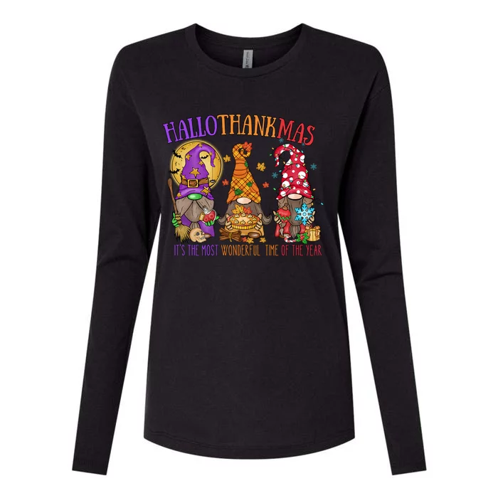 Halloween Thanksgiving Christmas Happy Hallothanksmas Gnome Gift Womens Cotton Relaxed Long Sleeve T-Shirt