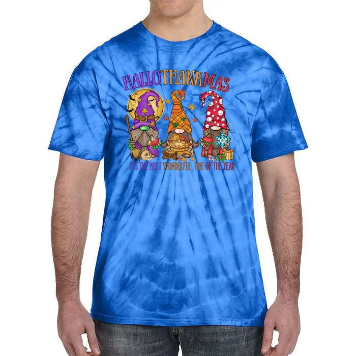 Halloween Thanksgiving Christmas Happy Hallothanksmas Gnome Gift Tie-Dye T-Shirt