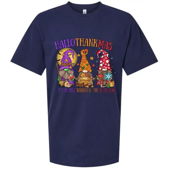 Halloween Thanksgiving Christmas Happy Hallothanksmas Gnome Gift Sueded Cloud Jersey T-Shirt