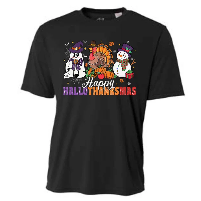 Halloween Thanksgiving Christmas Happy Hallothanksmas Gift Cooling Performance Crew T-Shirt