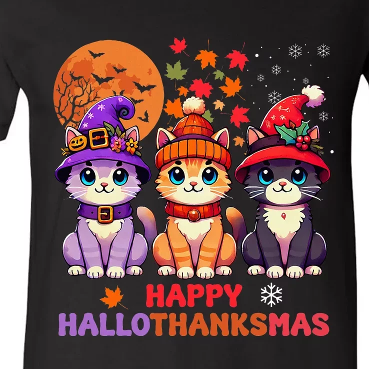 Halloween Thanksgiving Christmas Happy Hallothanksmas Cats V-Neck T-Shirt