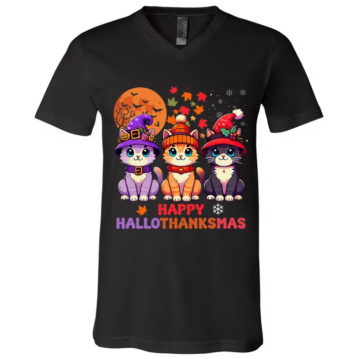 Halloween Thanksgiving Christmas Happy Hallothanksmas Cats V-Neck T-Shirt