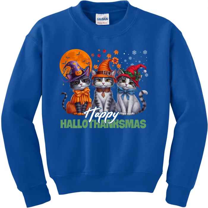 Halloween Thanksgiving Christmas Happy Hallothanksmas Cats Gifts Kids Sweatshirt