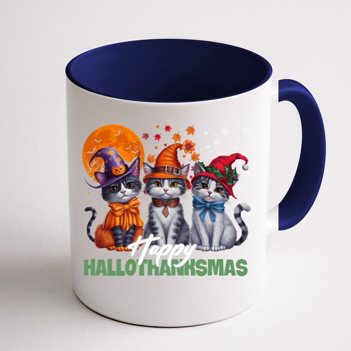 Halloween Thanksgiving Christmas Happy Hallothanksmas Cats Gifts Front & Back Coffee Mug