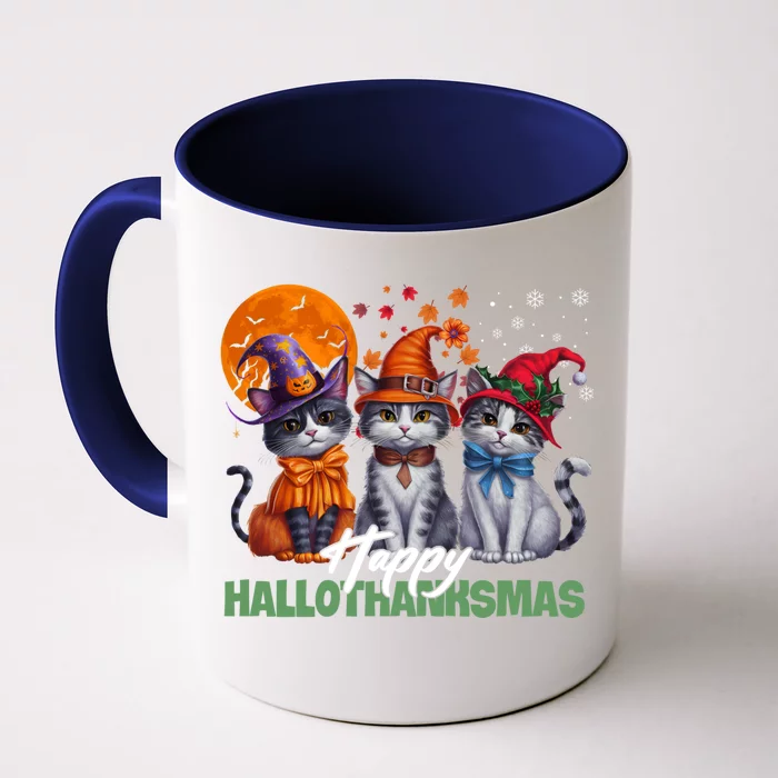 Halloween Thanksgiving Christmas Happy Hallothanksmas Cats Gifts Front & Back Coffee Mug