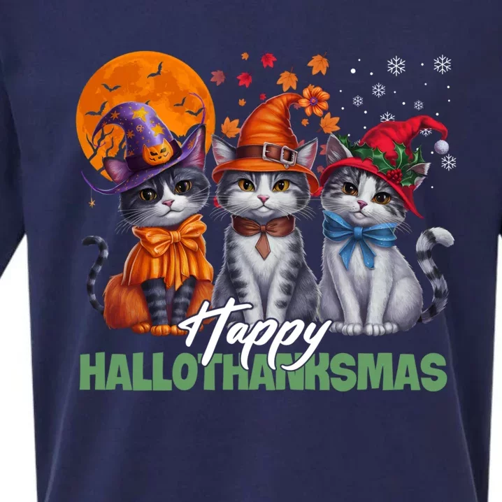 Halloween Thanksgiving Christmas Happy Hallothanksmas Cats Gifts Sueded Cloud Jersey T-Shirt