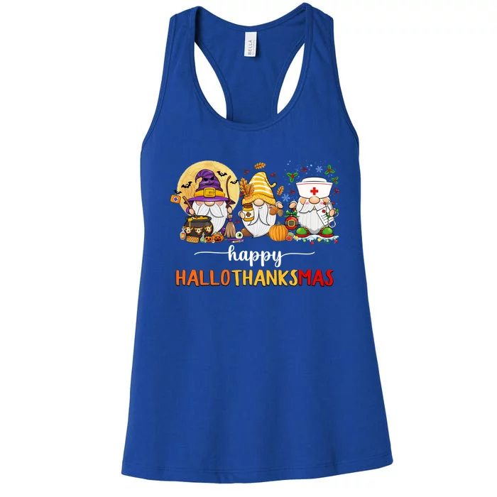 Halloween Thanksgiving Christmas Gnome Nurse Hallothanksmas Cute Gift Women's Racerback Tank