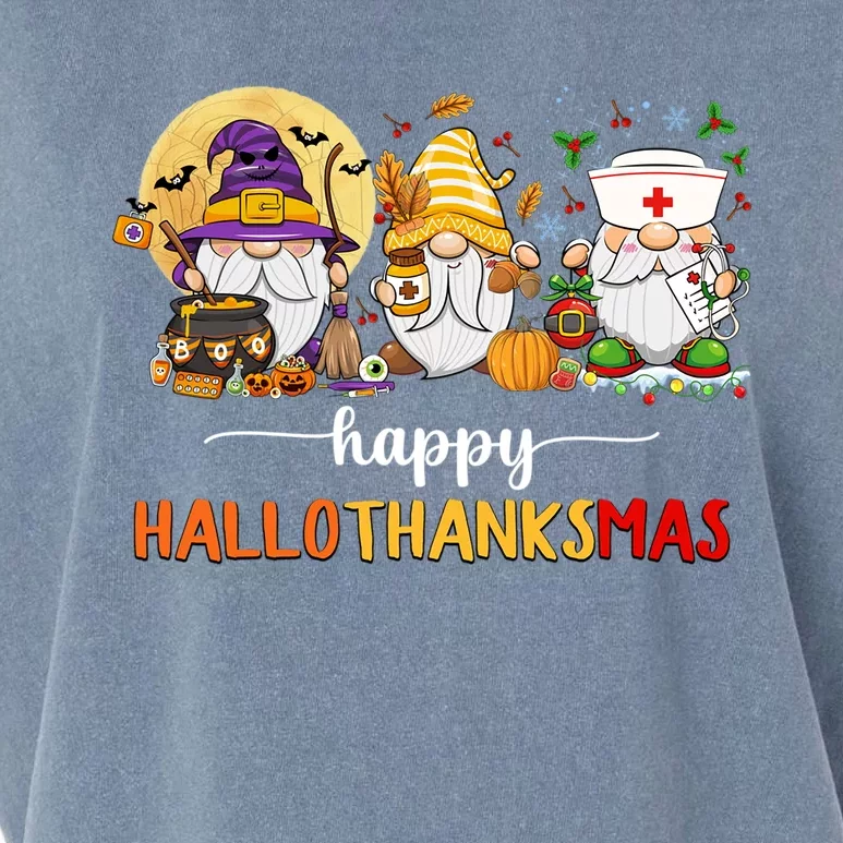 Halloween Thanksgiving Christmas Gnome Nurse Hallothanksmas Cute Gift Garment-Dyed Women's Muscle Tee