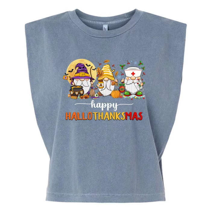 Halloween Thanksgiving Christmas Gnome Nurse Hallothanksmas Cute Gift Garment-Dyed Women's Muscle Tee