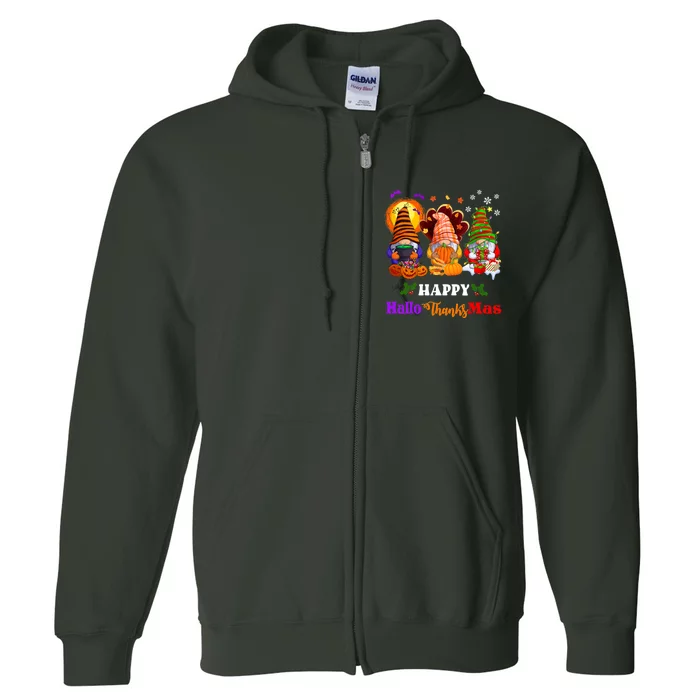 Halloween Thanksgiving Christmas Happy HalloThanksMas Gnomes Long Sleeve Full Zip Hoodie