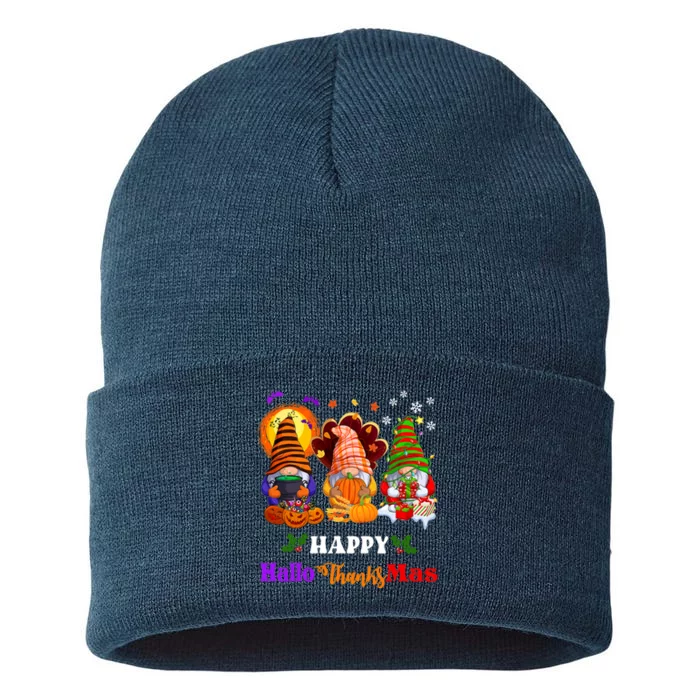 Halloween Thanksgiving Christmas Happy HalloThanksMas Gnomes Long Sleeve Sustainable Knit Beanie