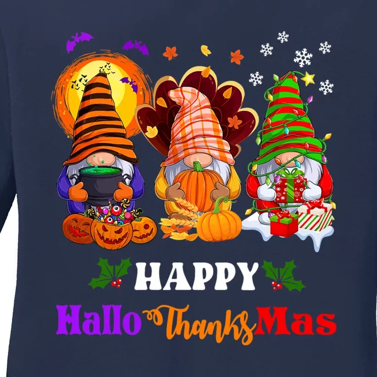 Halloween Thanksgiving Christmas Happy HalloThanksMas Gnomes Long Sleeve Ladies Long Sleeve Shirt