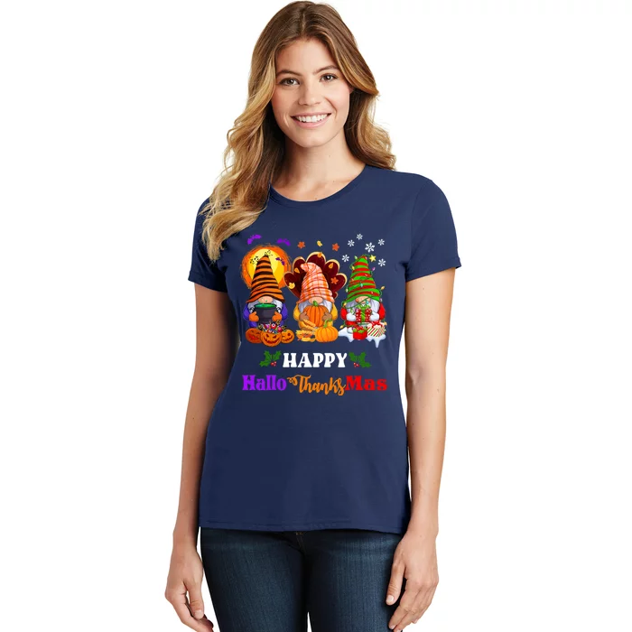 Halloween Thanksgiving Christmas Happy HalloThanksMas Gnomes Long Sleeve Women's T-Shirt