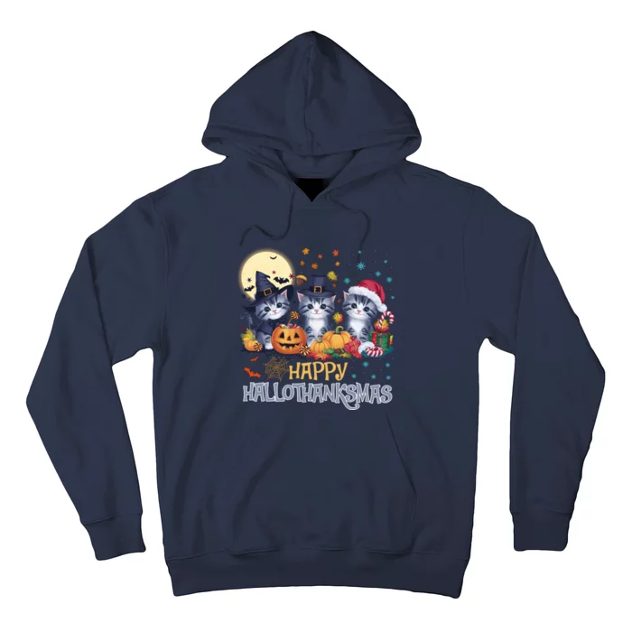 Halloween Thanksgiving Christmas Happy Hallothanksmas Cats Hoodie