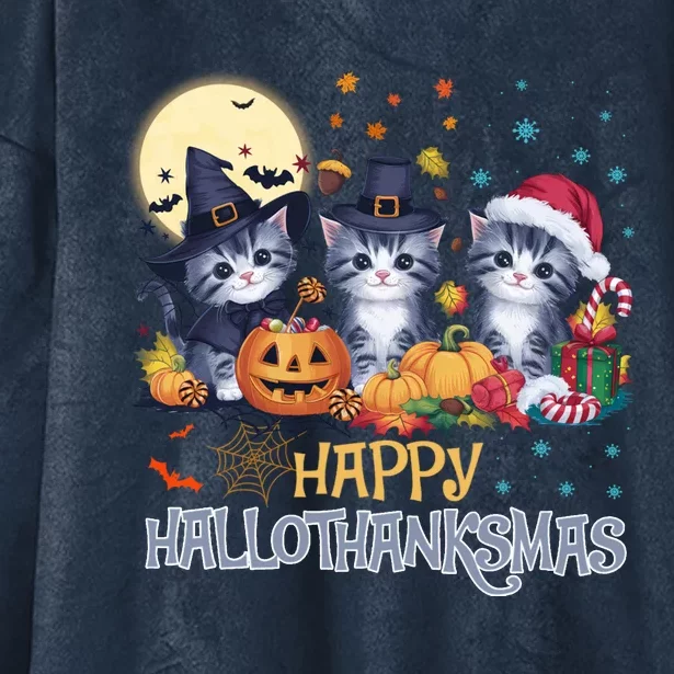 Halloween Thanksgiving Christmas Happy Hallothanksmas Cats Hooded Wearable Blanket