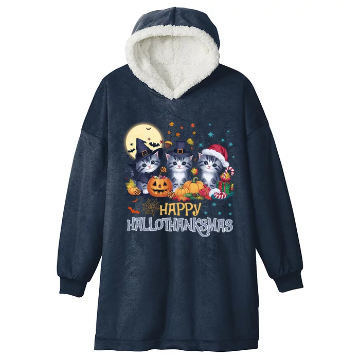 Halloween Thanksgiving Christmas Happy Hallothanksmas Cats Hooded Wearable Blanket