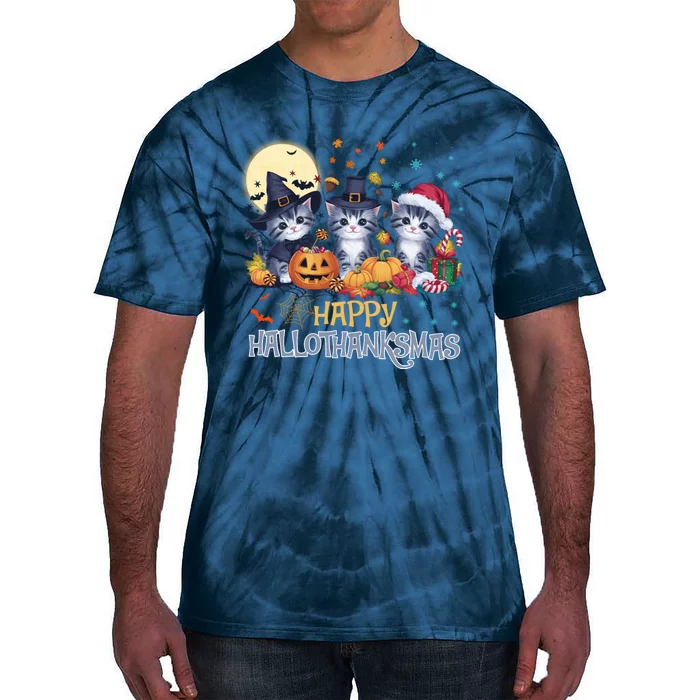 Halloween Thanksgiving Christmas Happy Hallothanksmas Cats Tie-Dye T-Shirt