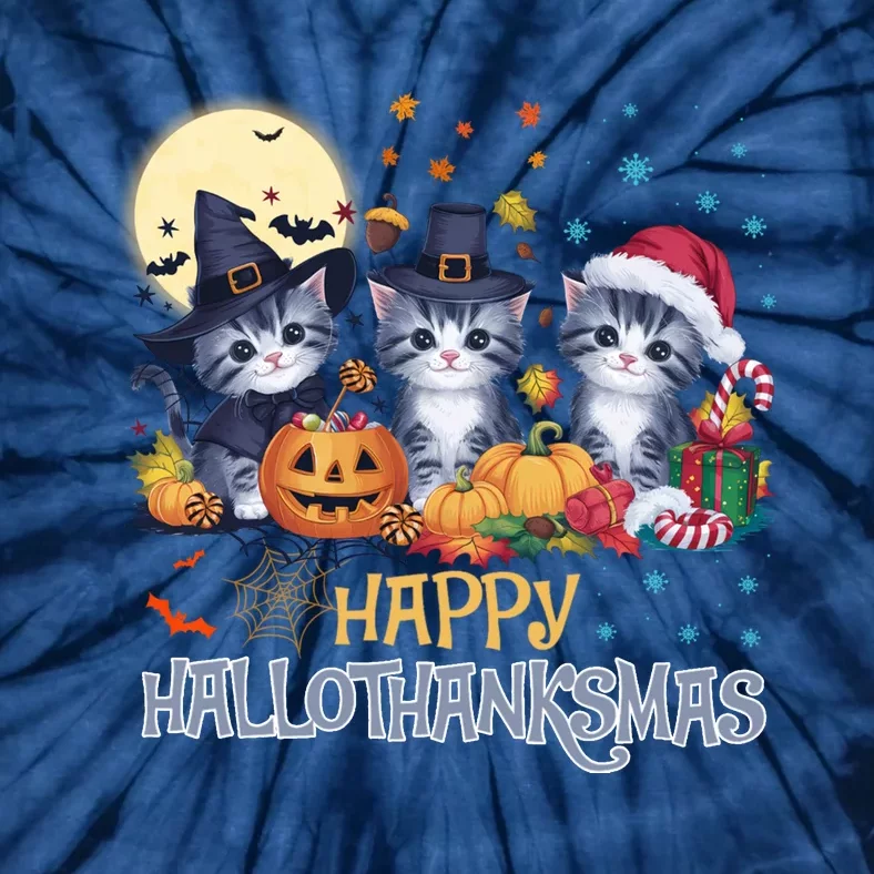 Halloween Thanksgiving Christmas Happy Hallothanksmas Cats Tie-Dye T-Shirt