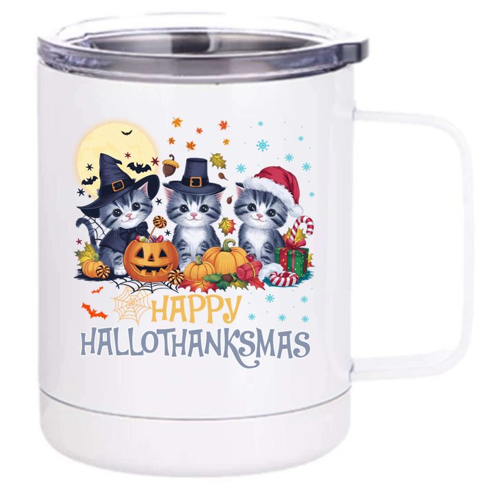 Halloween Thanksgiving Christmas Happy Hallothanksmas Cats Front & Back 12oz Stainless Steel Tumbler Cup