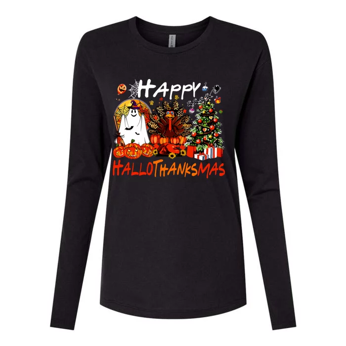 Halloween Thanksgiving Christmas Turkey Happy Hallothanksmas Womens Cotton Relaxed Long Sleeve T-Shirt