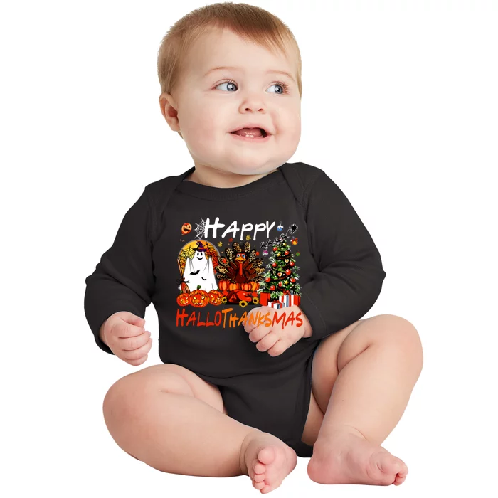 Halloween Thanksgiving Christmas Turkey Happy Hallothanksmas Baby Long Sleeve Bodysuit