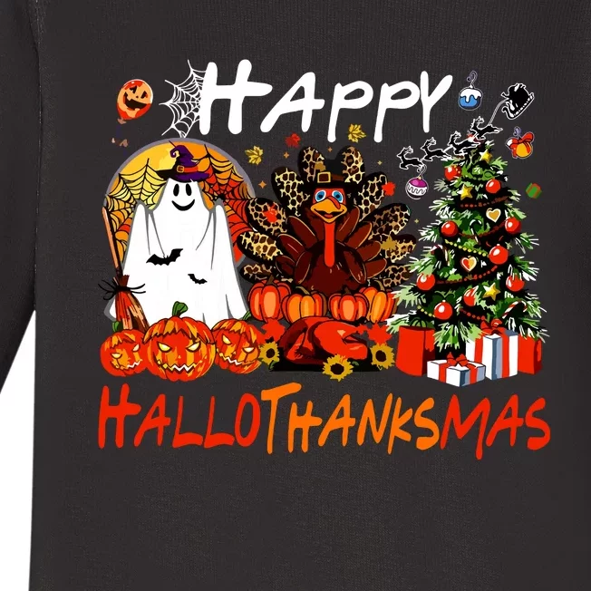 Halloween Thanksgiving Christmas Turkey Happy Hallothanksmas Baby Long Sleeve Bodysuit