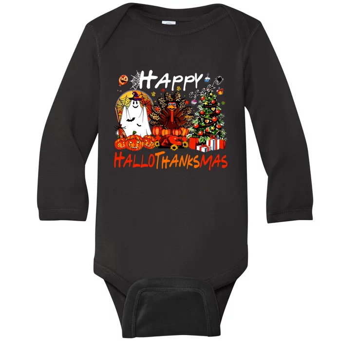 Halloween Thanksgiving Christmas Turkey Happy Hallothanksmas Baby Long Sleeve Bodysuit