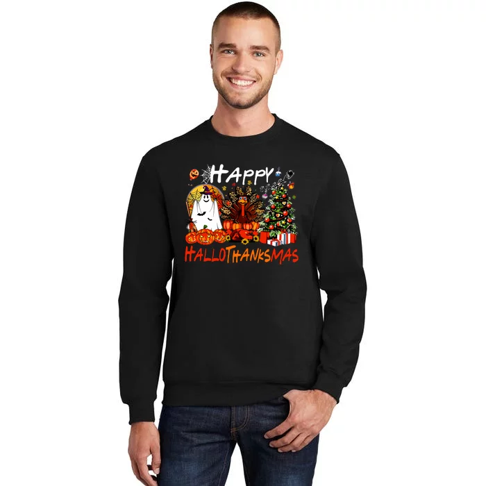 Halloween Thanksgiving Christmas Turkey Happy Hallothanksmas Tall Sweatshirt