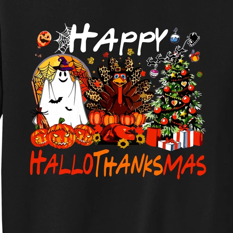 Halloween Thanksgiving Christmas Turkey Happy Hallothanksmas Tall Sweatshirt