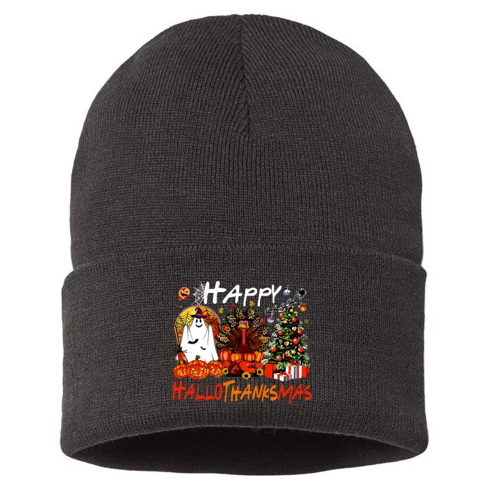 Halloween Thanksgiving Christmas Turkey Happy Hallothanksmas Sustainable Knit Beanie