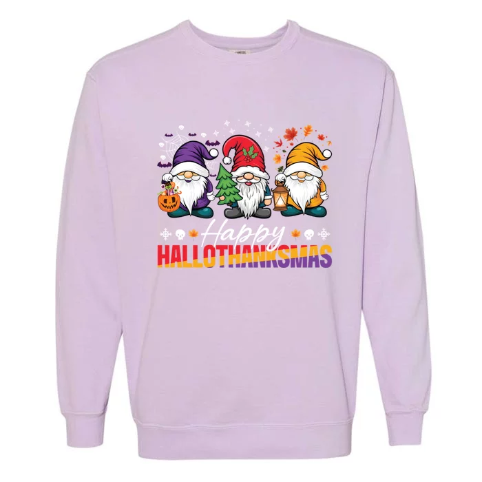 Halloween Thanksgiving Christmas Happy Hallothanksmas Funny Gift Garment-Dyed Sweatshirt