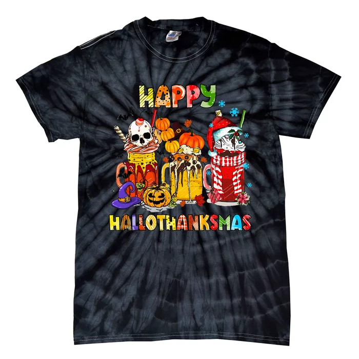 Halloween Thanksgiving Christmas Happy Hallothanksmas Funny Tie-Dye T-Shirt