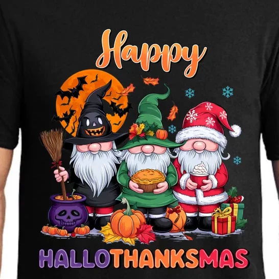 Halloween Thanksgiving Christmas Happy Hallothanksmas Gnomes Funny Gift Pajama Set