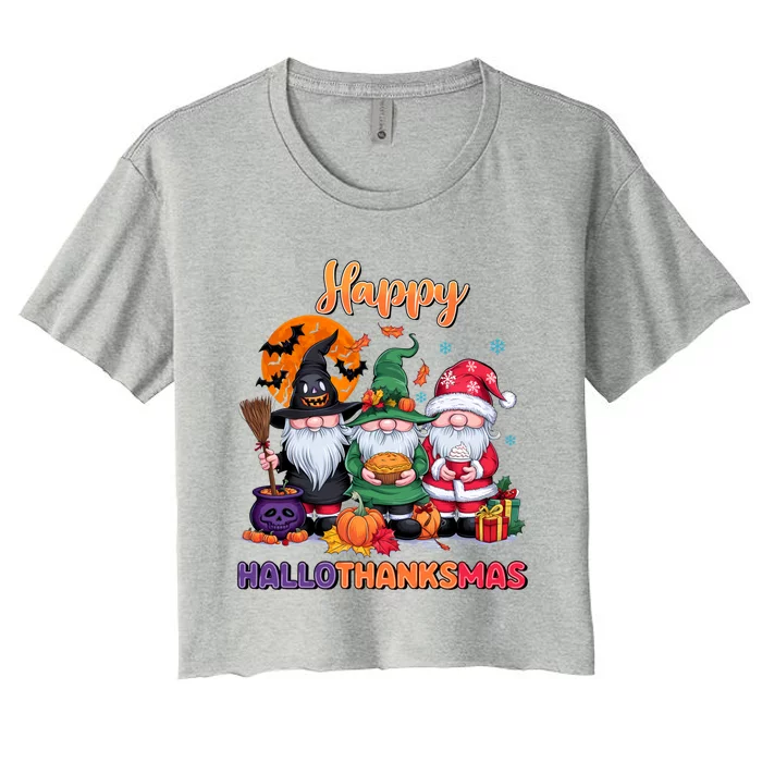 Halloween Thanksgiving Christmas Happy Hallothanksmas Gnomes Funny Gift Women's Crop Top Tee