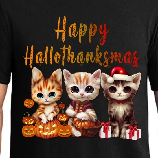 Halloween Thanksgiving Christmas Happy Hallothanksmas Kitty Gift Pajama Set