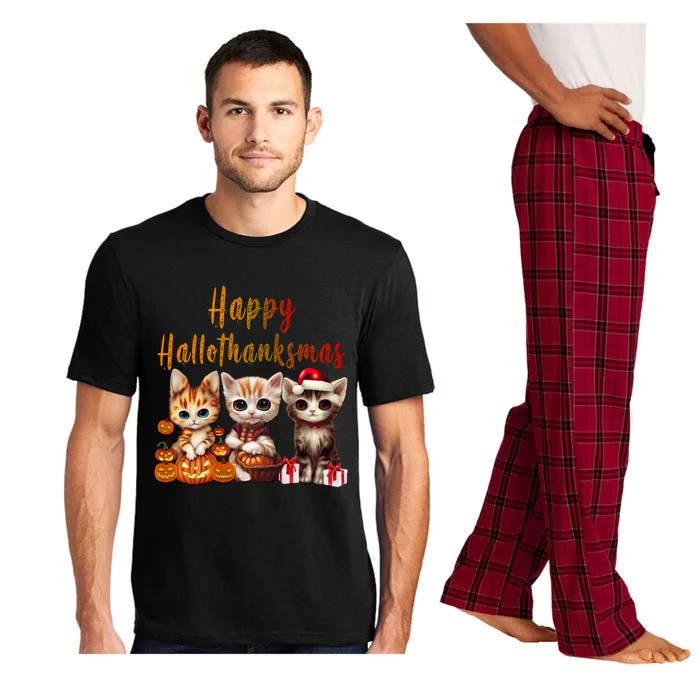 Halloween Thanksgiving Christmas Happy Hallothanksmas Kitty Gift Pajama Set