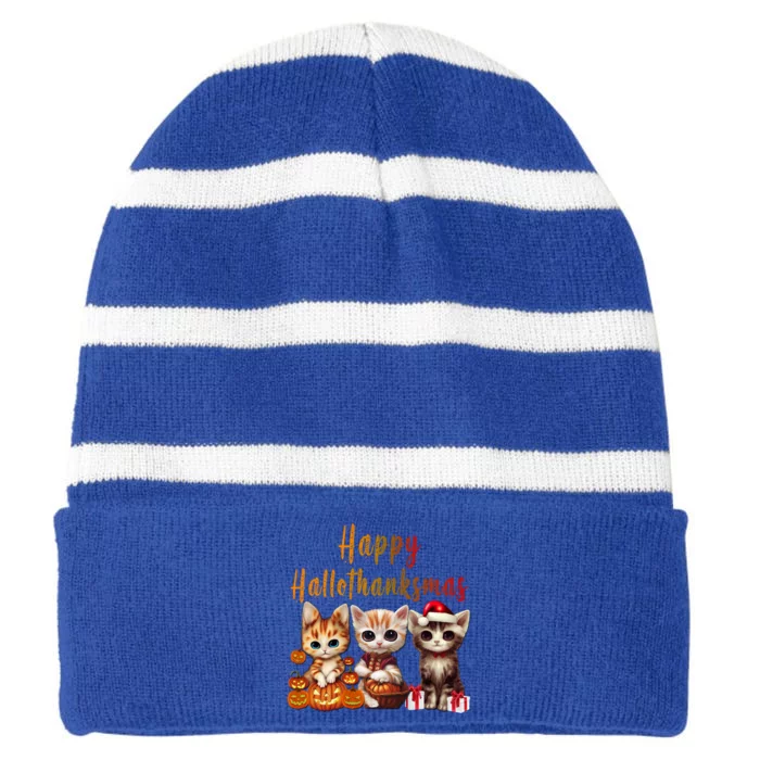 Halloween Thanksgiving Christmas Happy Hallothanksmas Kitty Gift Striped Beanie with Solid Band