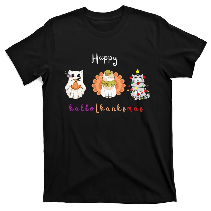 Halloween Thanksgiving Christmas Happy Hallothanksmas Cats T-Shirt