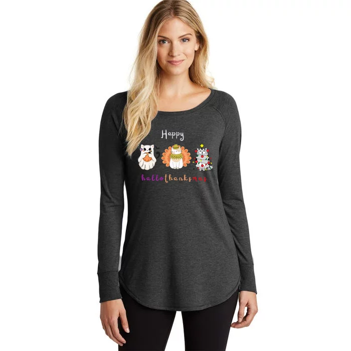 Halloween Thanksgiving Christmas Happy Hallothanksmas Cats Women's Perfect Tri Tunic Long Sleeve Shirt