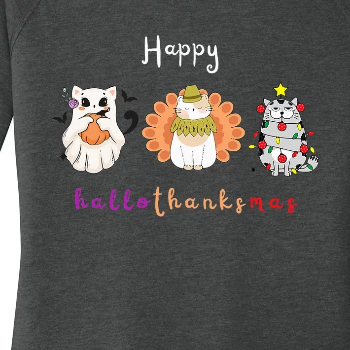 Halloween Thanksgiving Christmas Happy Hallothanksmas Cats Women's Perfect Tri Tunic Long Sleeve Shirt