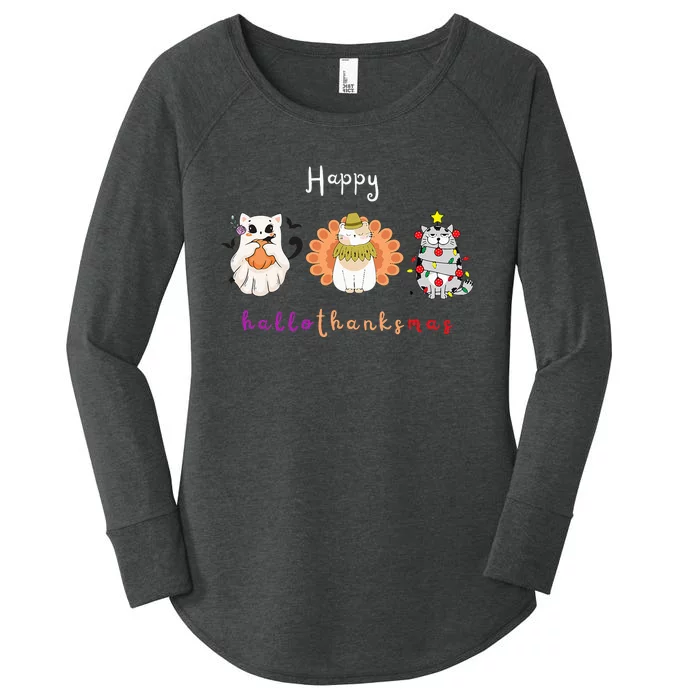 Halloween Thanksgiving Christmas Happy Hallothanksmas Cats Women's Perfect Tri Tunic Long Sleeve Shirt