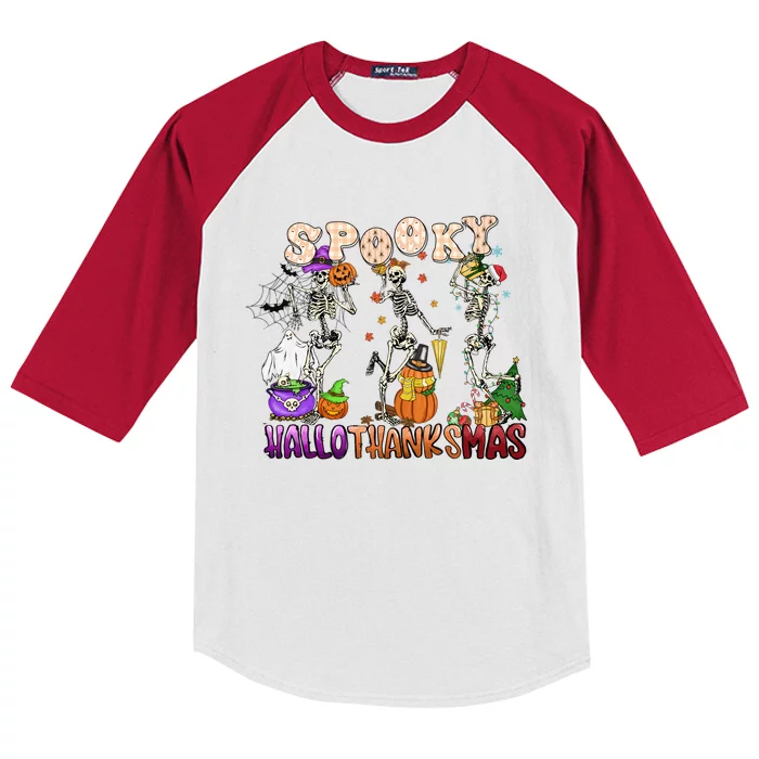 Halloween Thanksgiving Christmas Hallothanksmas Skeleton Gift Kids Colorblock Raglan Jersey