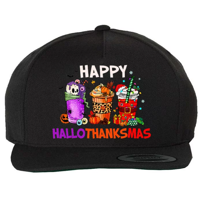 Halloween Thanksgiving Christmas Happy HalloThanksMas Coffee Wool Snapback Cap