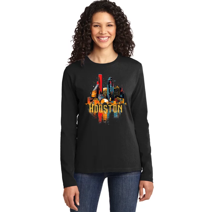 Houston Texas City Downtown Skyline Texas Hou Ladies Long Sleeve Shirt