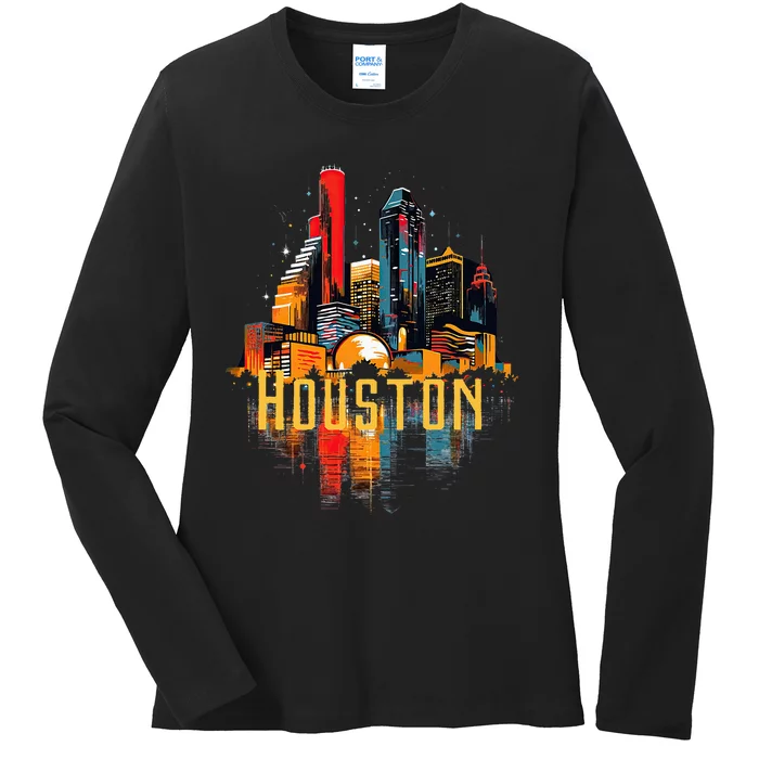 Houston Texas City Downtown Skyline Texas Hou Ladies Long Sleeve Shirt