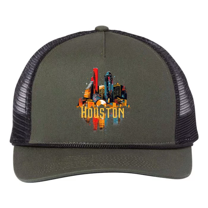 Houston Texas City Downtown Skyline Texas Hou Retro Rope Trucker Hat Cap