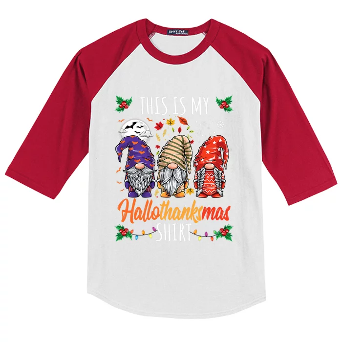 Halloween Thanksgiving Christmas Funny Hallothanksmas Gnomes Kids Colorblock Raglan Jersey