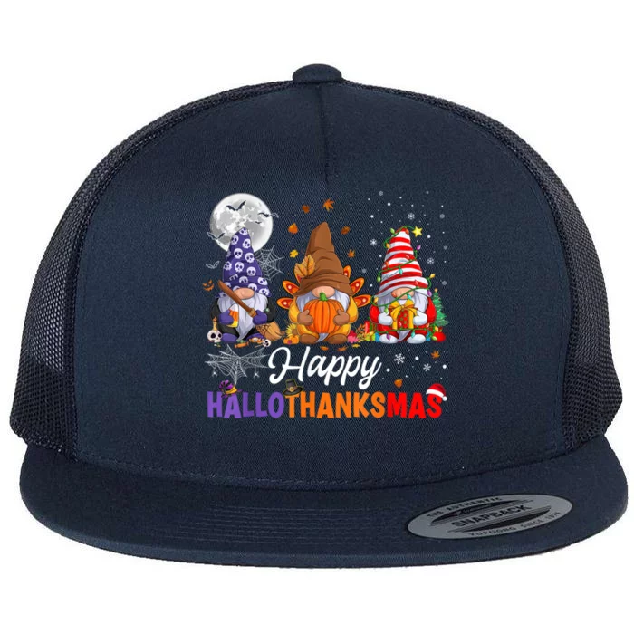 Halloween Thanksgiving Christmas Happy HalloThanksMas Gnomes Flat Bill Trucker Hat