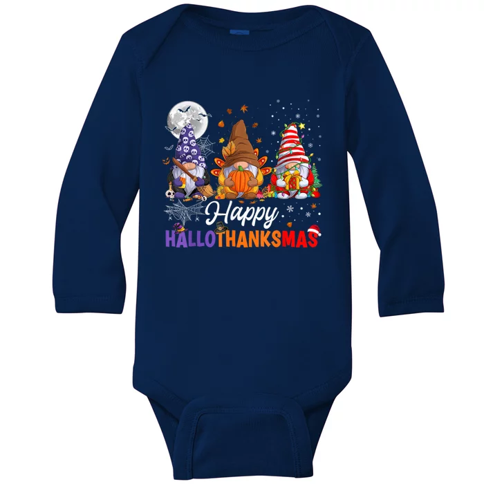 Halloween Thanksgiving Christmas Happy HalloThanksMas Gnomes Baby Long Sleeve Bodysuit