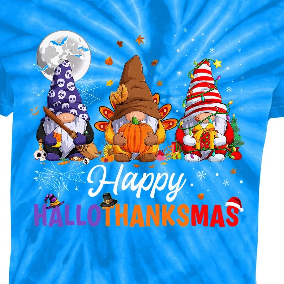 Halloween Thanksgiving Christmas Happy HalloThanksMas Gnomes Kids Tie-Dye T-Shirt